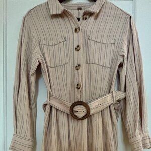 Free People, Long Sleeve, Cream and Khaki Belted Dress, Women's XS